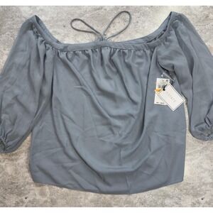 1.STATE Blouse Womens‎ Small Blue Off Shoulder Dusty Chiffon Peasant Sleeve Top